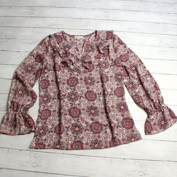 Loft Women's Floral Chiffon Blouse Size S Long Sleeve Ruffle Career Wear - Picture 2 of 6